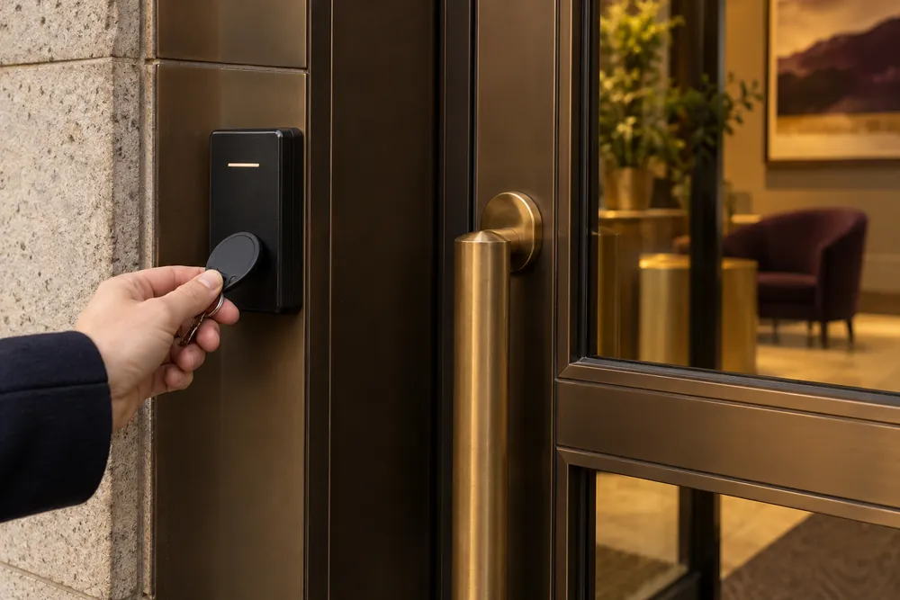Proximity fob presented to a commercial door access reader