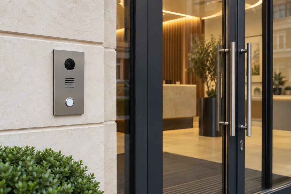 Video intercom beside a glazed commercial reception entrance