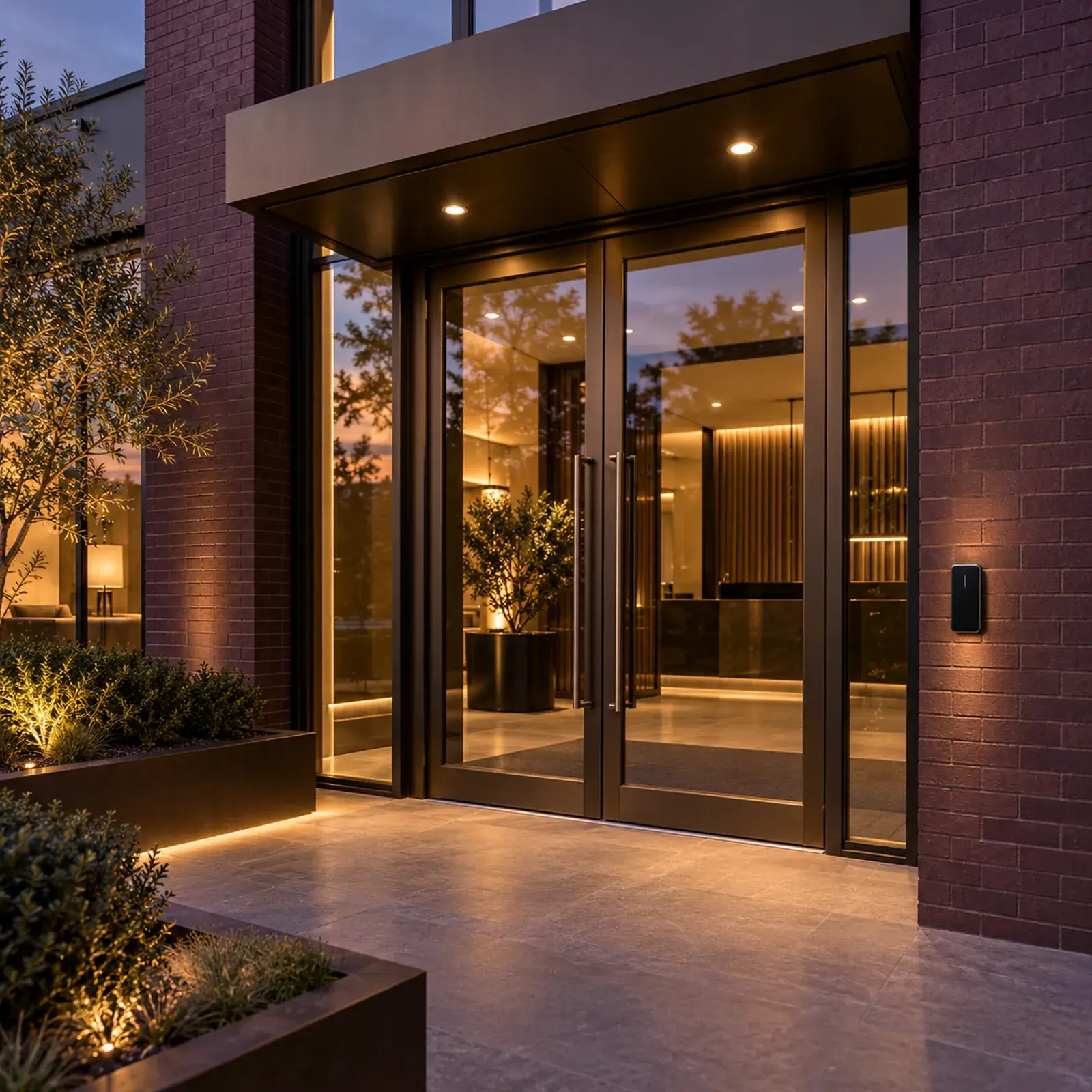 Glazed commercial entrance with an access reader beside the door