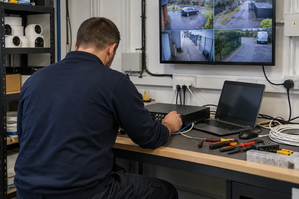 Security technician checking recording equipment at a workbench